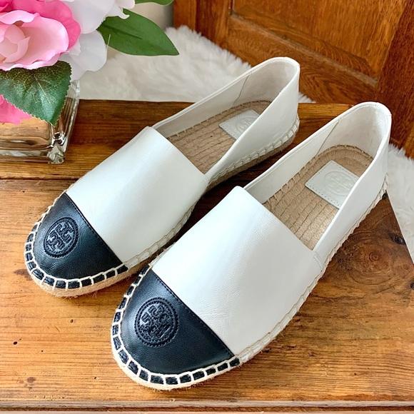 NEW Tory Burch Leather Espadrilles Color Block Ivory White Black 7.5 Flats NWOB